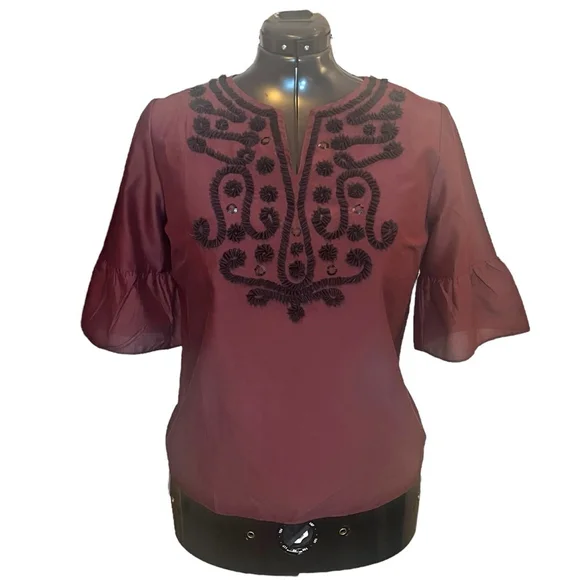 Women's Talbots RSVP Embellished Silk Blend Blouse Top, Burgundy, L - Picture 3 of 15